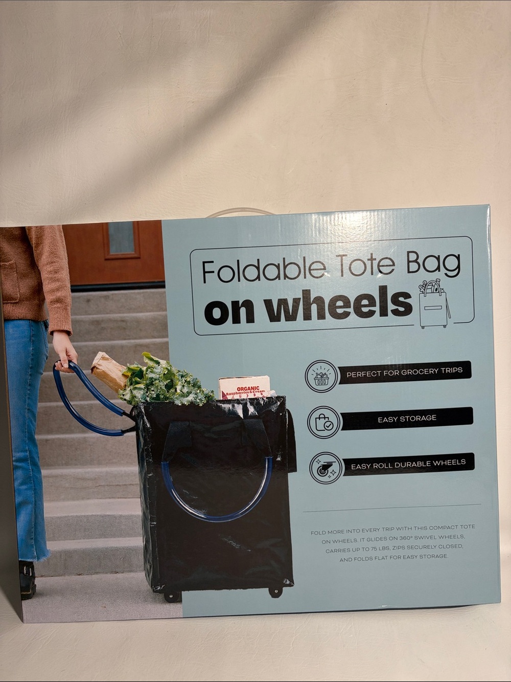 NEW Foldable Tote Bag on Wheels 20”x16”x24” Soft Grip Black Holds up to 74 LBS